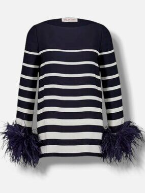 Valentino Women's Blue Striped Feather-Trimmed Blouse Size 42